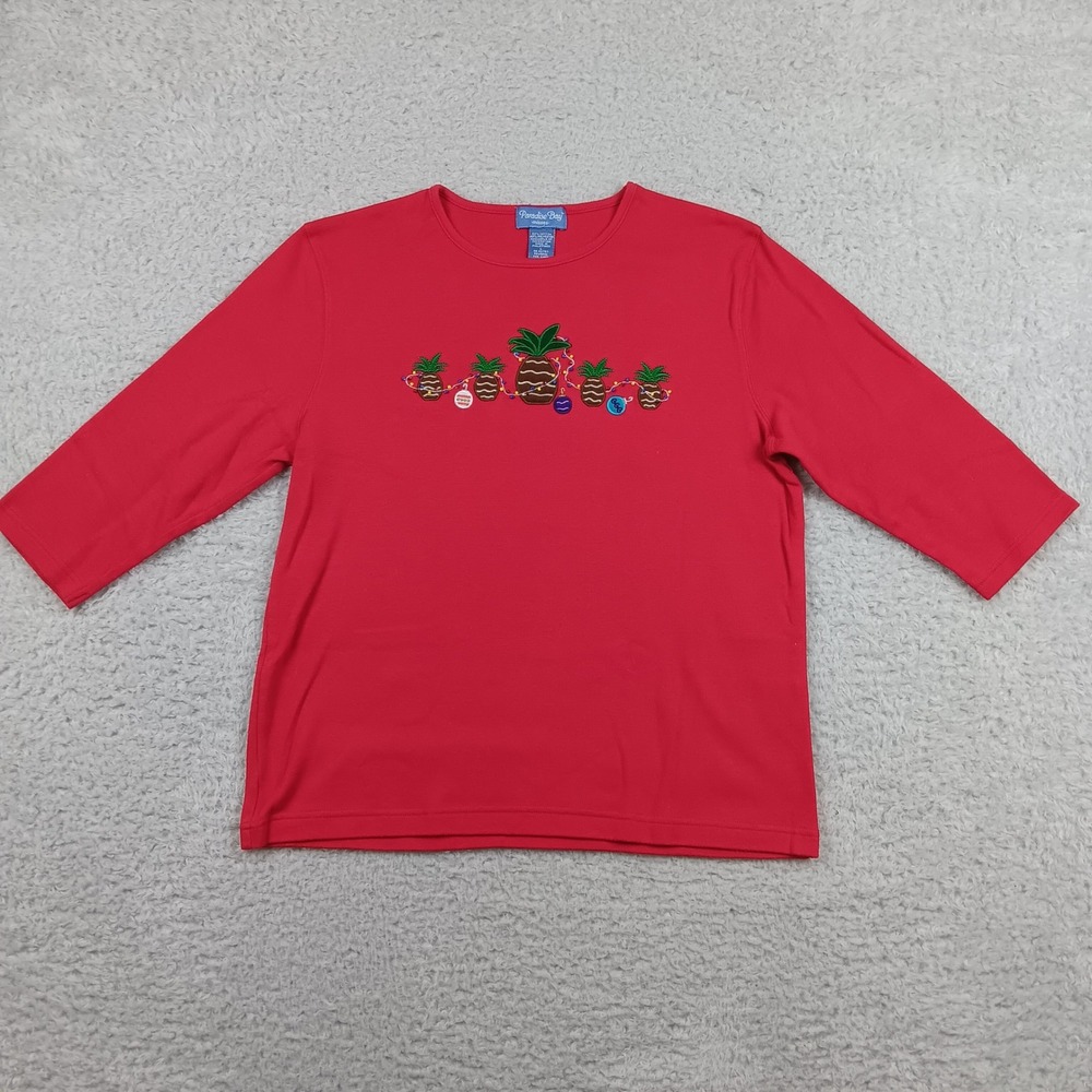 Paradise Bay Top Holiday Pineapple Women L Red 3/4 Sleeve Embroidered Christmas
